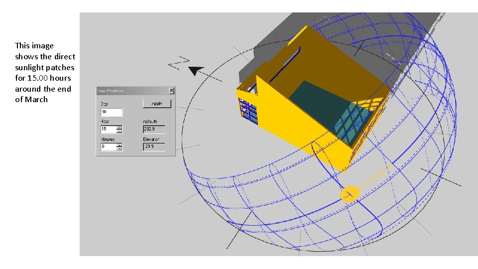 This image shows the direct sunlight patches for 15. 00 hours around the end