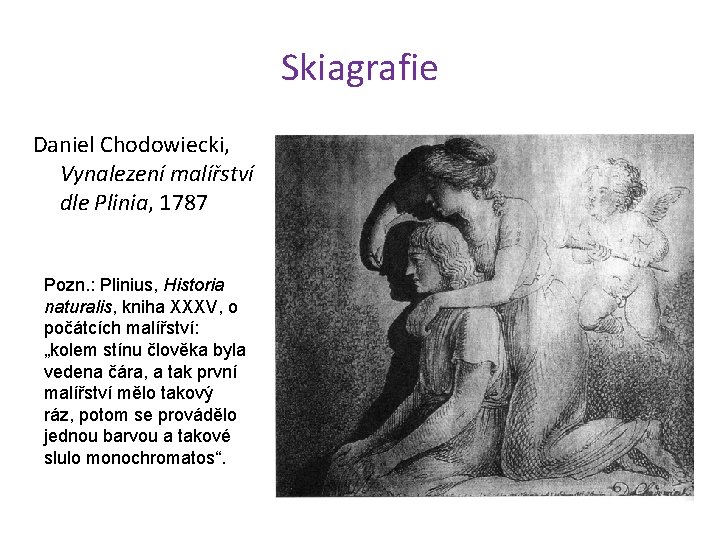 Skiagrafie Daniel Chodowiecki, Vynalezení malířství dle Plinia, 1787 Pozn. : Plinius, Historia naturalis, kniha