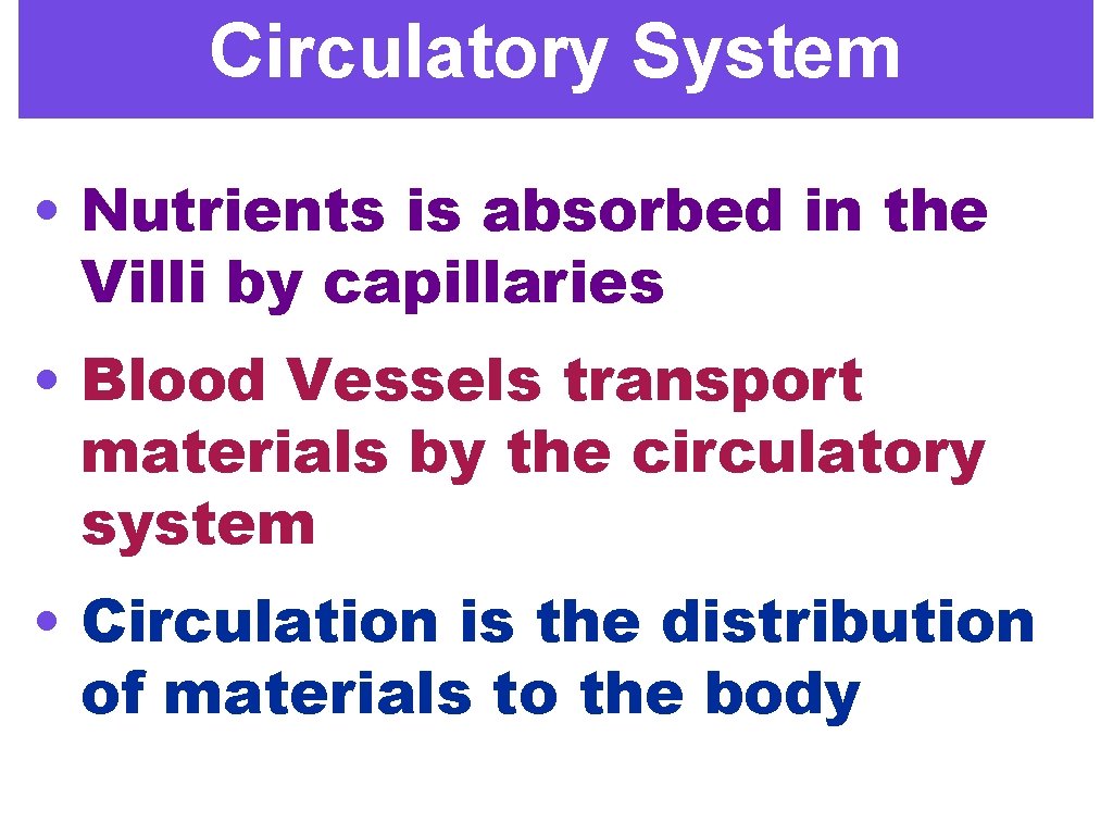 Circulatory System • Nutrients is absorbed in the Villi by capillaries • Blood Vessels