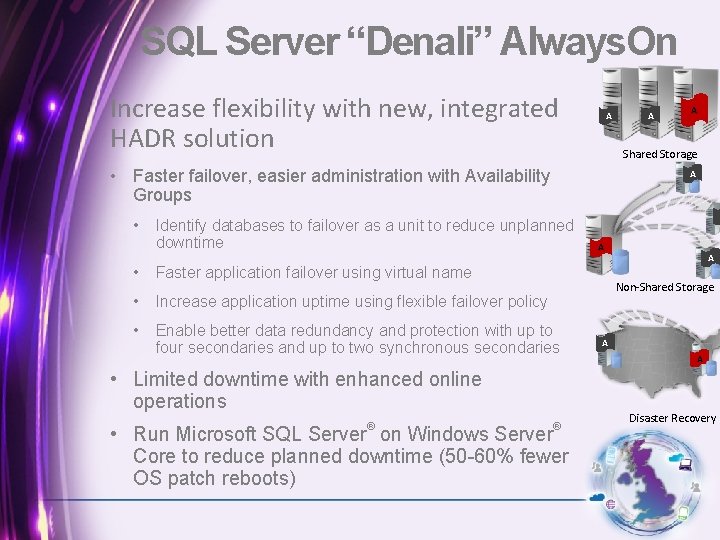 SQL Server “Denali” Always. On Increase flexibility with new, integrated HADR solution A A