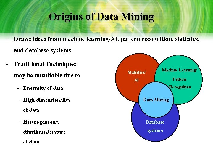Origins of Data Mining • Draws ideas from machine learning/AI, pattern recognition, statistics, and Origins of Data Mining • Draws ideas from machine learning/AI, pattern recognition, statistics, and