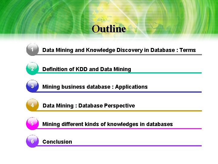 Outline 1 Data Mining and Knowledge Discovery in Database : Terms 2 Definition of Outline 1 Data Mining and Knowledge Discovery in Database : Terms 2 Definition of