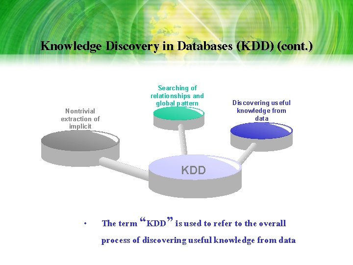 Knowledge Discovery in Databases (KDD) (cont. ) Searching of relationships and global pattern Nontrivial Knowledge Discovery in Databases (KDD) (cont. ) Searching of relationships and global pattern Nontrivial