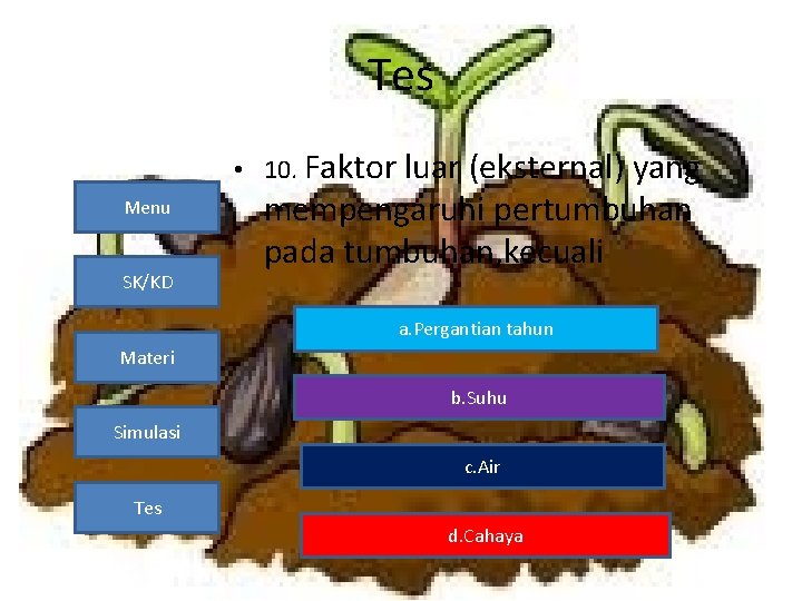 Tes • 10. Faktor luar (eksternal) yang Menu SK/KD mempengaruhi pertumbuhan pada tumbuhan, kecuali