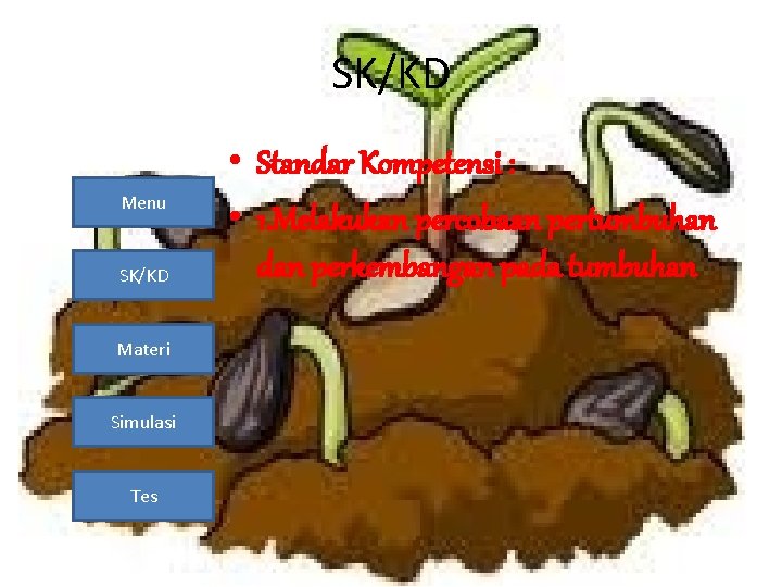 SK/KD Menu SK/KD Materi Simulasi Tes • Standar Kompetensi : • 1. Melakukan percobaan