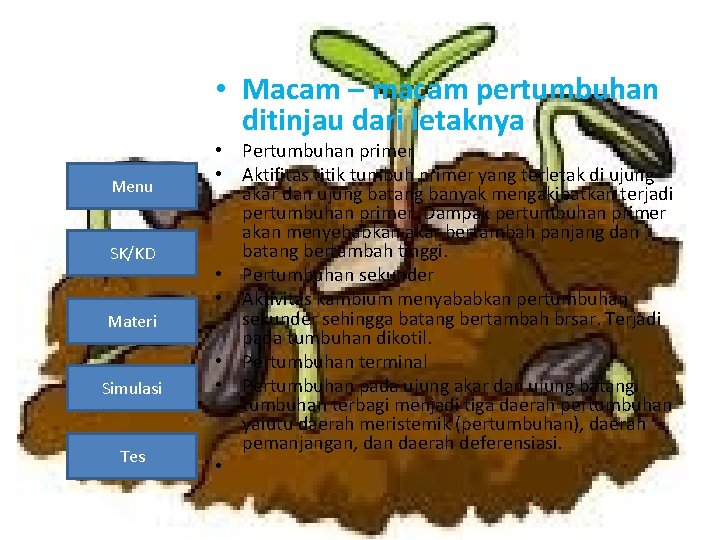  • Macam – macam pertumbuhan ditinjau dari letaknya Menu SK/KD Materi Simulasi Tes