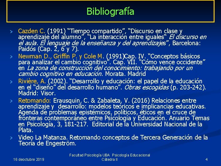 Bibliografía Cazden C. (1991) “Tiempo compartido”, “Discurso en clase y aprendizaje del alumno”, “La