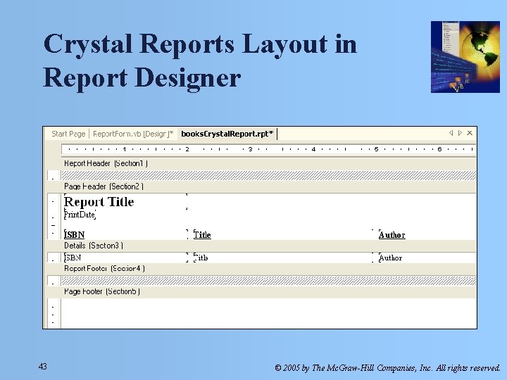 Crystal Reports Layout in Report Designer 43 © 2005 by The Mc. Graw-Hill Companies, Crystal Reports Layout in Report Designer 43 © 2005 by The Mc. Graw-Hill Companies,