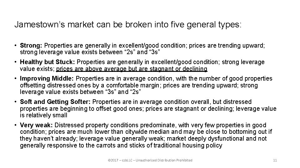 Jamestown’s market can be broken into five general types: • Strong: Properties are generally