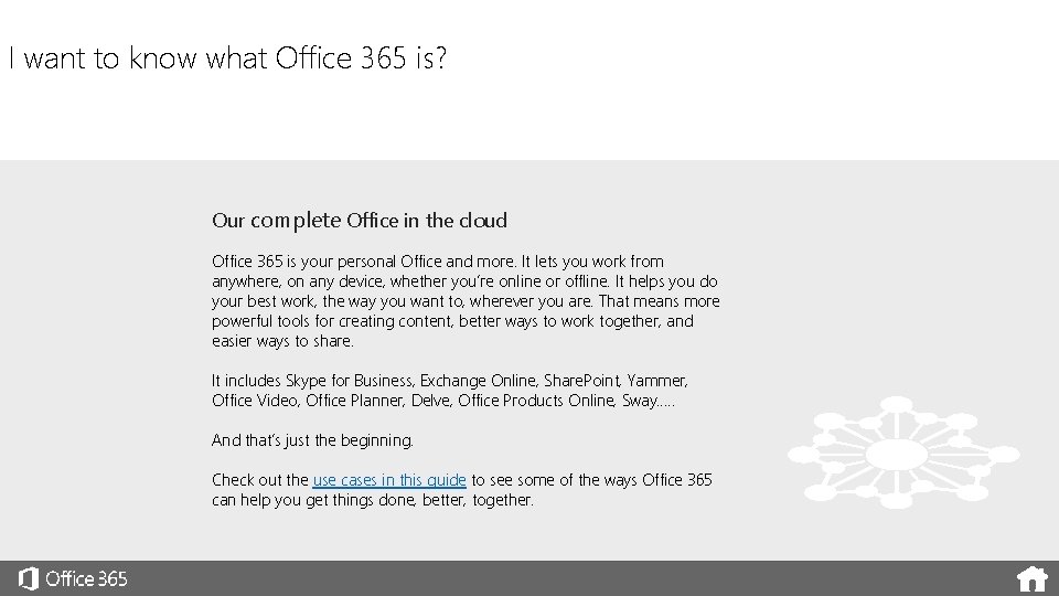 I want to know what Office 365 is? Our complete Office in the cloud