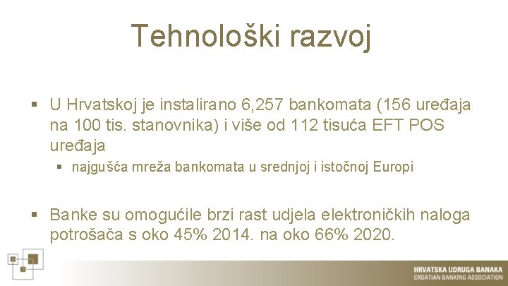 Tehnološki razvoj § U Hrvatskoj je instalirano 6, 257 bankomata (156 uređaja na 100