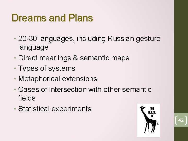 Dreams and Plans • 20 -30 languages, including Russian gesture language • Direct meanings