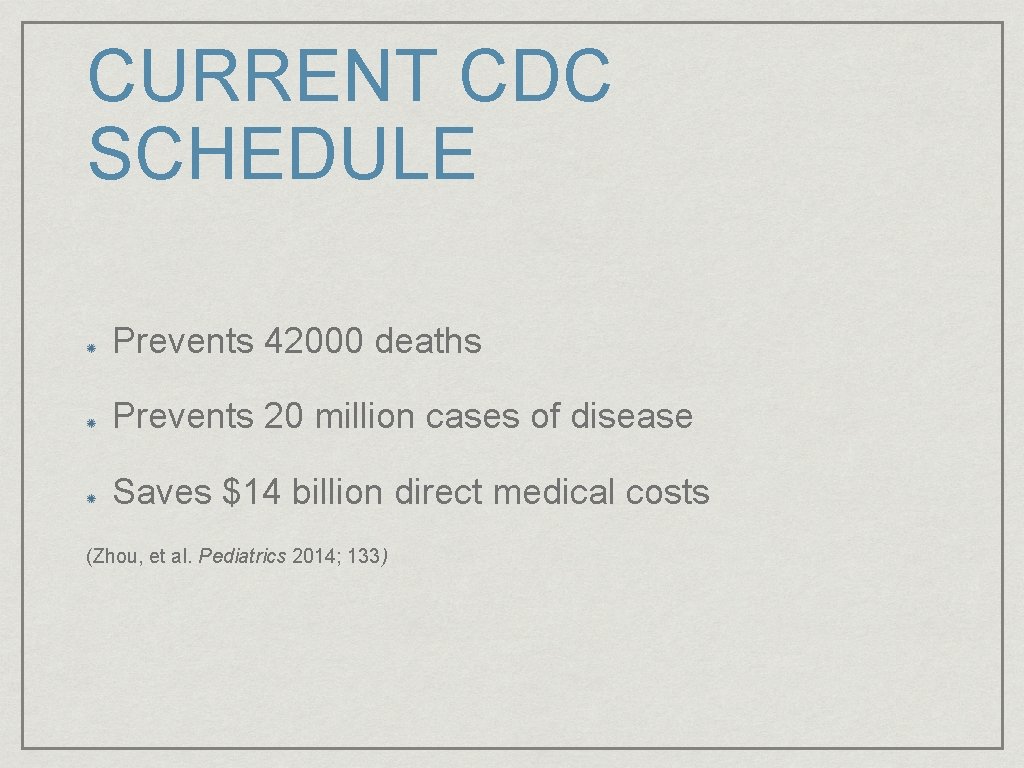 CURRENT CDC SCHEDULE Prevents 42000 deaths Prevents 20 million cases of disease Saves $14