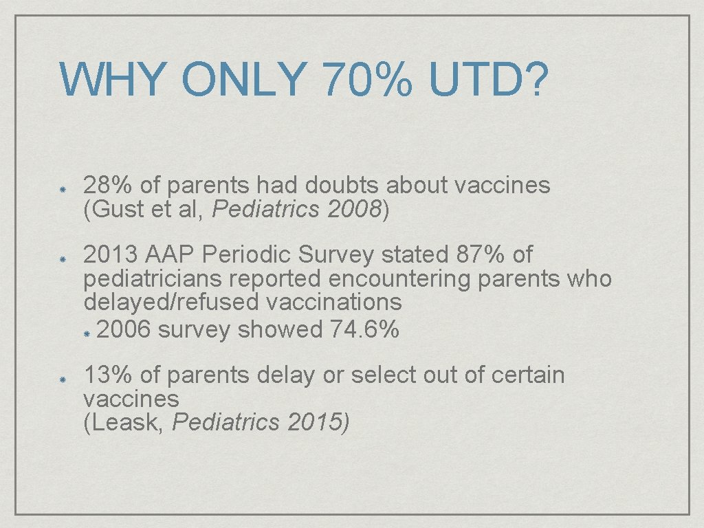 WHY ONLY 70% UTD? 28% of parents had doubts about vaccines (Gust et al,