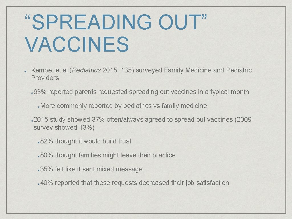 “SPREADING OUT” VACCINES Kempe, et al (Pediatrics 2015; 135) surveyed Family Medicine and Pediatric