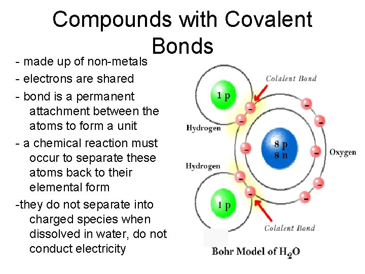 Compounds with Covalent Bonds - made up of non-metals - electrons are shared -