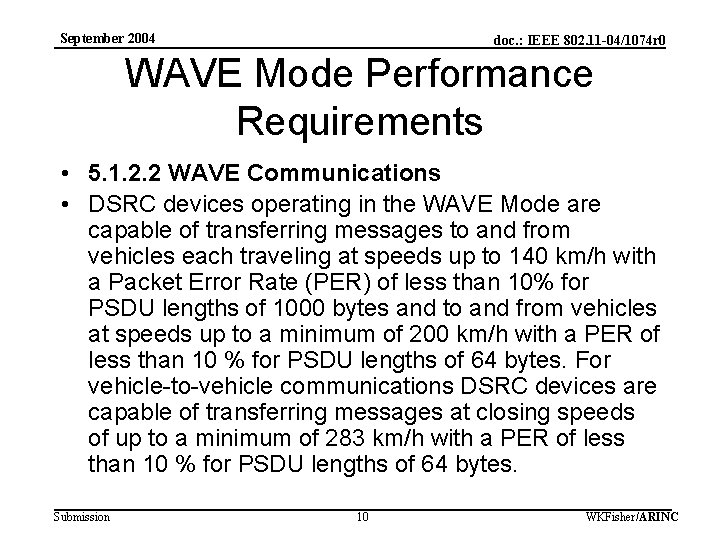 September 2004 doc. : IEEE 802. 11 -04/1074 r 0 WAVE Mode Performance Requirements