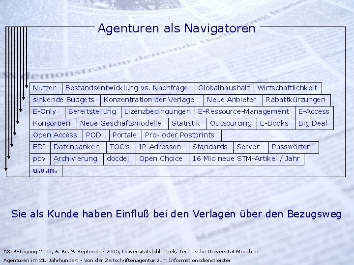 Agenturen als Navigatoren Nutzer Bestandsentwicklung vs. Nachfrage sinkende Budgets E-Only Konzentration der Verlage Bereitstellung