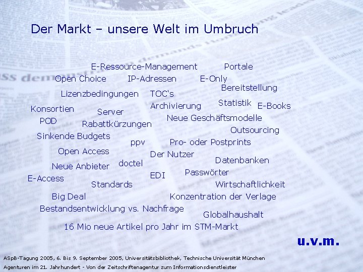 Der Markt – unsere Welt im Umbruch E-Ressource-Management Open Choice IP-Adressen Lizenzbedingungen Portale E-Only