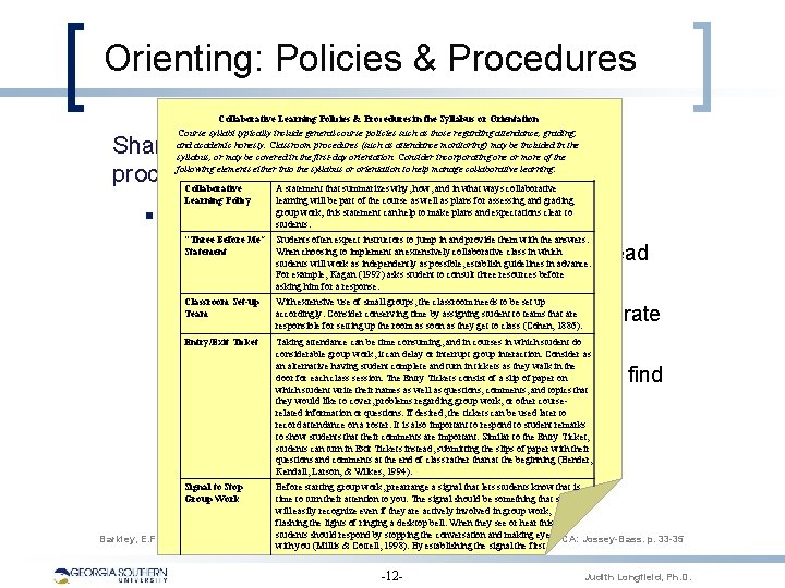 Orienting: Policies & Procedures Collaborative Learning Policies & Procedures in the Syllabus or Orientation