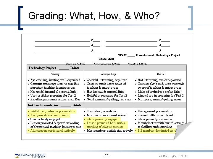 Grading: What, How, & Who? _____________________________________ #______ ___________________ #______ TEAM _____ Presentation & Technology