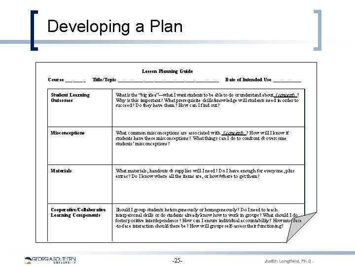 Developing a Plan Lesson Planning Guide Course ____ Title/Topic ____________________ Date of Intended Use