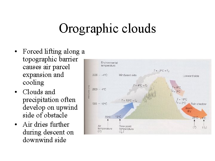 Orographic clouds • Forced lifting along a topographic barrier causes air parcel expansion and