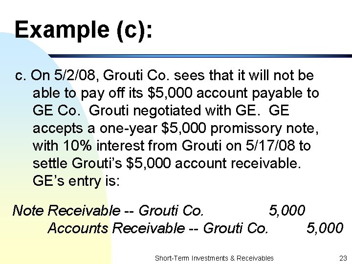 Example (c): c. On 5/2/08, Grouti Co. sees that it will not be able