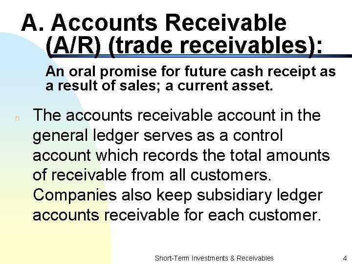 A. Accounts Receivable (A/R) (trade receivables): An oral promise for future cash receipt as