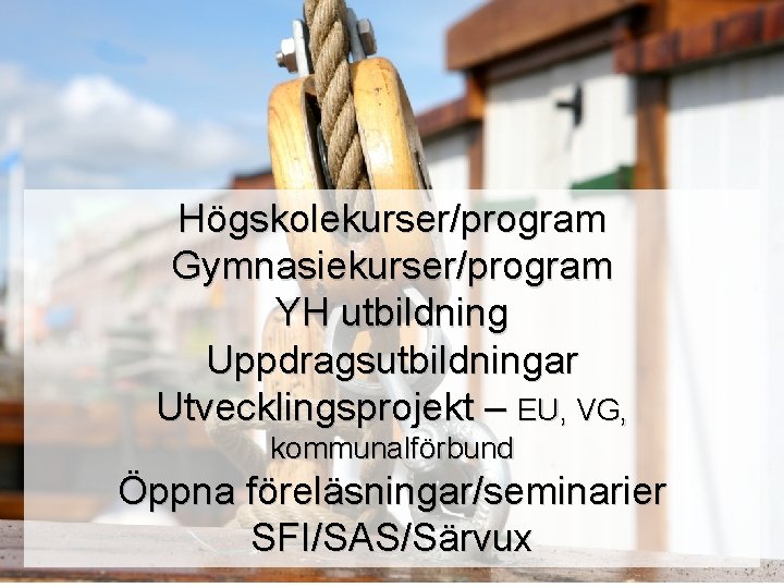 Högskolekurser/program Gymnasiekurser/program YH utbildning Uppdragsutbildningar Utvecklingsprojekt – EU, VG, kommunalförbund Öppna föreläsningar/seminarier SFI/SAS/Särvux 