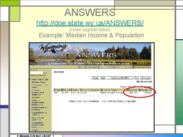 ANSWERS http: //doe. state. wy. us/ANSWERS/ (under upgrade status) Example: Median Income & Population