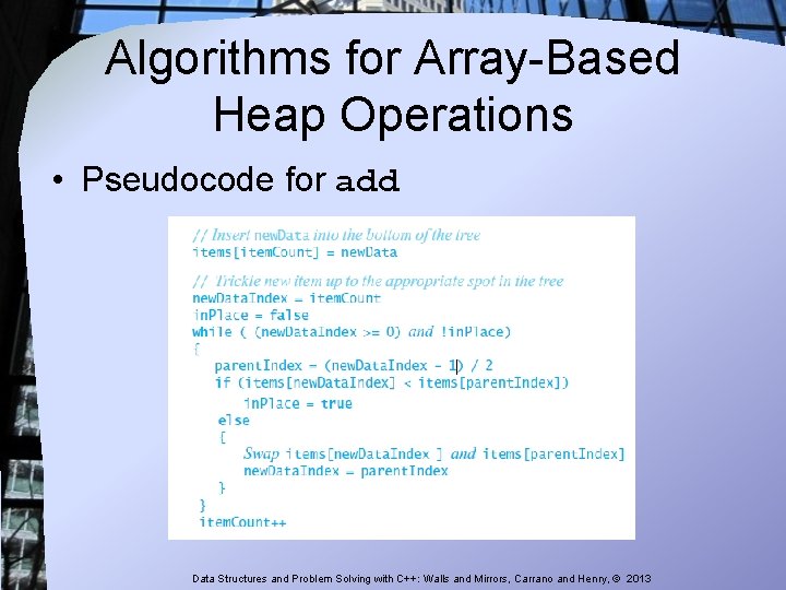 Algorithms for Array-Based Heap Operations • Pseudocode for add Data Structures and Problem Solving Algorithms for Array-Based Heap Operations • Pseudocode for add Data Structures and Problem Solving