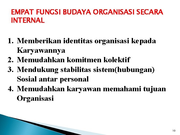 EMPAT FUNGSI BUDAYA ORGANISASI SECARA INTERNAL 1. Memberikan identitas organisasi kepada Karyawannya 2. Memudahkan