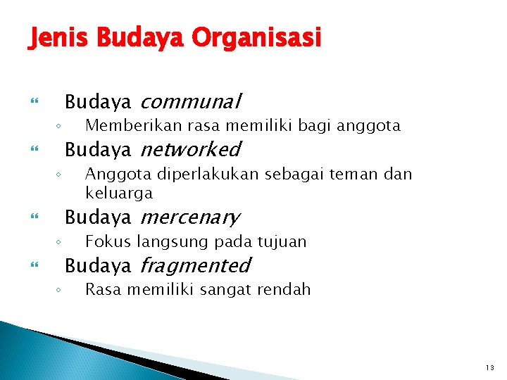 Jenis Budaya Organisasi ◦ ◦ Budaya communal Memberikan rasa memiliki bagi anggota Budaya networked