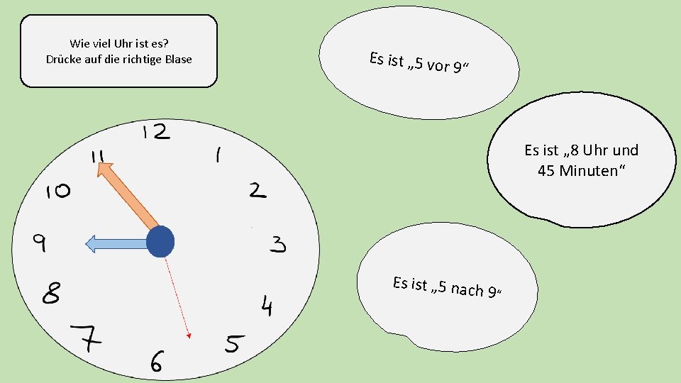 Wie viel Uhr ist es? Drücke auf die richtige Blase Es ist „ 5