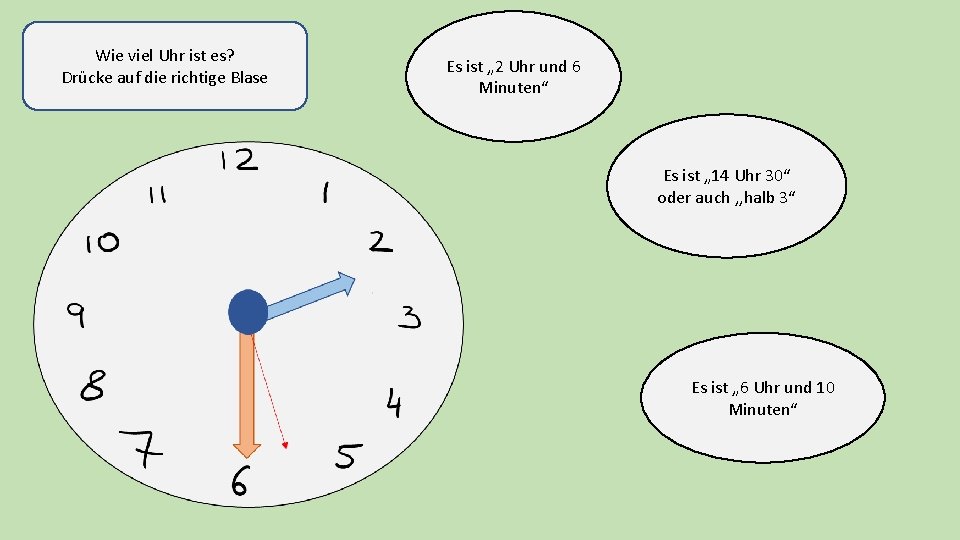 Wie viel Uhr ist es? Drücke auf die richtige Blase Es ist „ 2