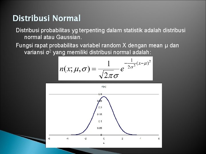 Distribusi Normal Distribusi probabilitas yg terpenting dalam statistik adalah distribusi normal atau Gaussian. Fungsi