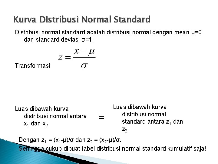 Kurva DIstribusi Normal Standard Distribusi normal standard adalah distribusi normal dengan mean μ=0 dan