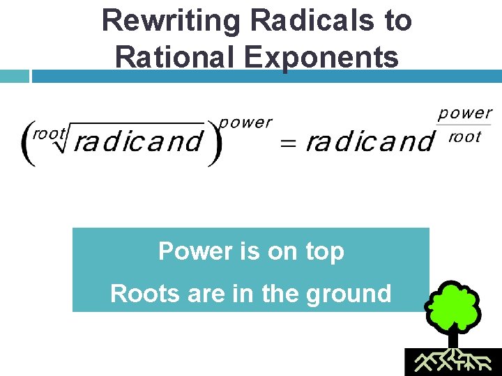 Rewriting Radicals to Rational Exponents Power is on top Roots are in the ground