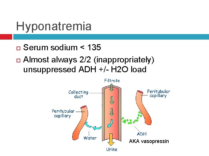 Hyponatremia Serum sodium < 135 Almost always 2/2 (inappropriately) unsuppressed ADH +/- H 2