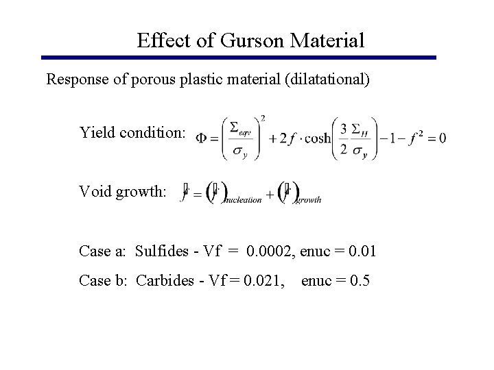 Effect of Gurson Material Response of porous plastic material (dilatational) Yield condition: Void growth: