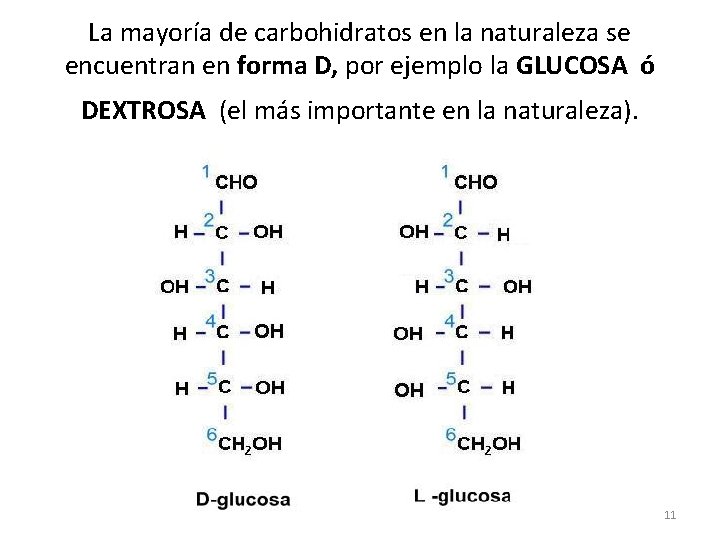 La mayoría de carbohidratos en la naturaleza se encuentran en forma D, por ejemplo