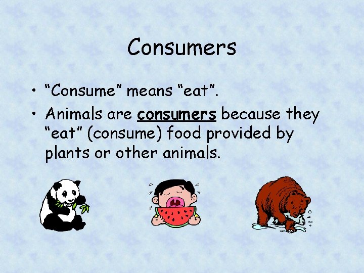 Consumers • “Consume” means “eat”. • Animals are consumers because they “eat” (consume) food