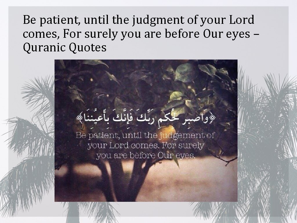 Be patient, until the judgment of your Lord comes, For surely you are before