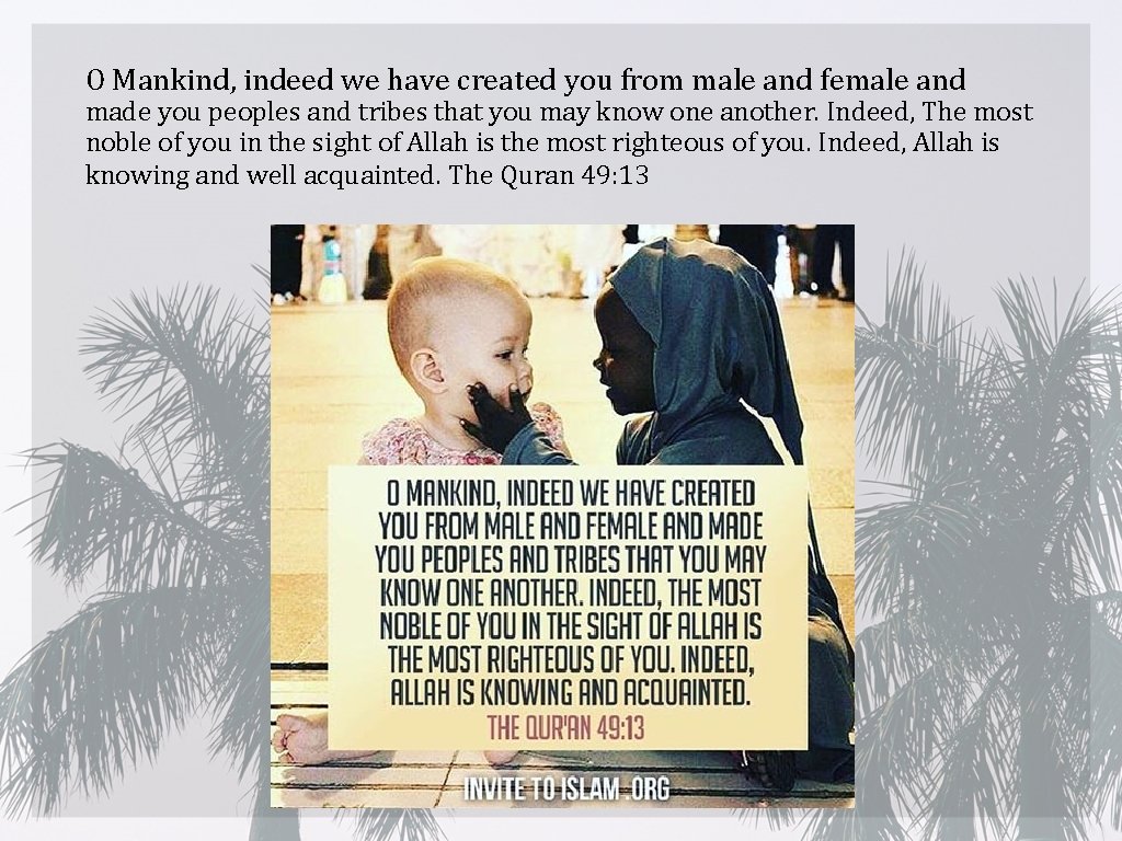 O Mankind, indeed we have created you from male and female and made you