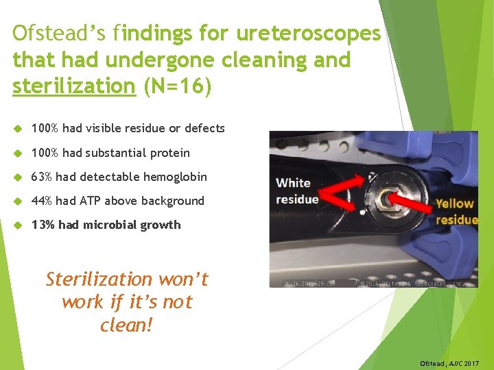 Ofstead’s findings for ureteroscopes that had undergone cleaning and sterilization (N=16) 100% had visible
