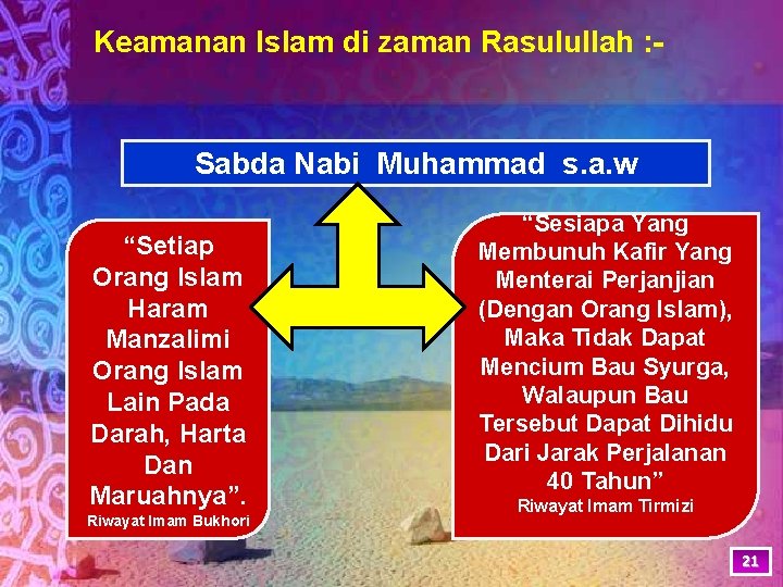 Keamanan Islam di zaman Rasulullah : - Sabda Nabi Muhammad s. a. w “Setiap
