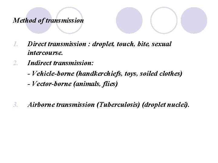 Method of transmission 1. 2. Direct transmission : droplet, touch, bite, sexual intercourse. Indirect