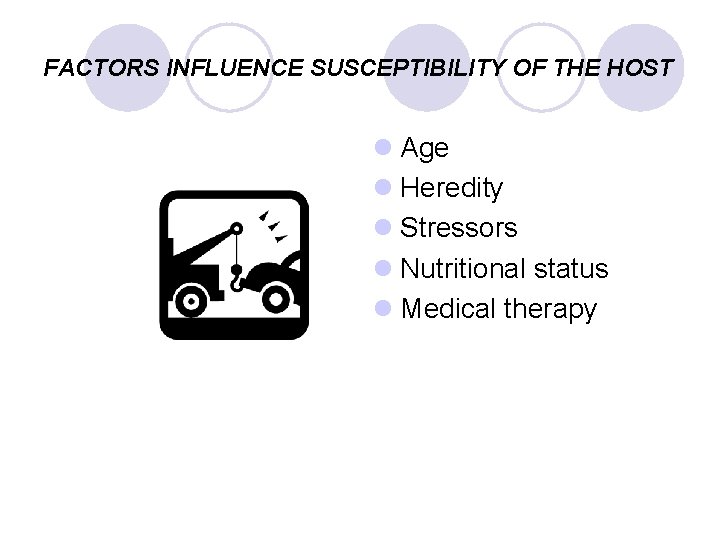 FACTORS INFLUENCE SUSCEPTIBILITY OF THE HOST l Age l Heredity l Stressors l Nutritional