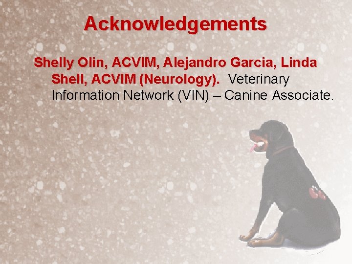 Acknowledgements Shelly Olin, ACVIM, Alejandro Garcia, Linda Shell, ACVIM (Neurology). Veterinary Information Network (VIN)